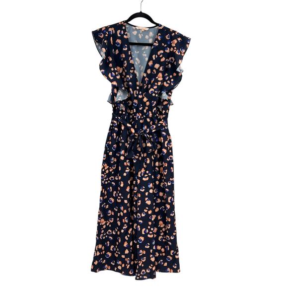 Hutch Leopard Print Jumpsuit Wide Leg Ruffle Navy Blue Size Medium - Picture 1 of 10
